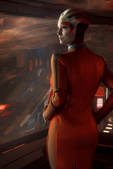 full body shot. woman, asari,  complex red (dress:1.4),  spaceship cabin, looking into the camera, (dark shot:1.17), epic realistic, faded, ((neutral colors)), art, (hdr:1.5), (muted colors:1.2), hyperdetailed, (artstation:1.5), cinematic, warm lights, dramatic light, (intricate details:1.1), complex background, (rutkowski:0.8), (teal and orange:0.4)