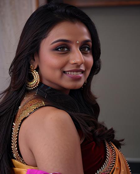 profile photo of a 30-year-old rmuk woman, in colorfulSaree covering chest and cleavage, smiling, looking at camera, film grain, perfect eyes, beautiful bokeh <lora:rmuk_Rani_Mukerji_local_Adafactor_Local_fp16-000003:1>