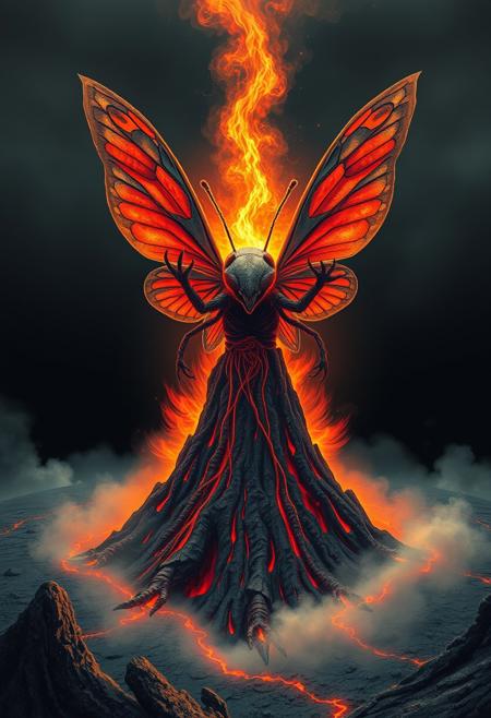a cosmic horror emerging from a volcano, the creature has a head as if of a fly, butterfly wings