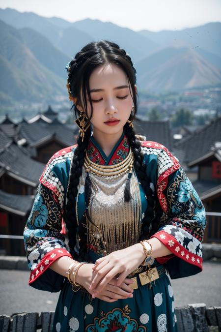 miaozu,Hmong,1girl,solo,black hair,closed eyes,braid,photo background,outdoors,jewelry,dress,blurry background,day,twin braids,long hair,blurry,sky,holding,blue dress,bracelet,
<lora:XL_miaolan:1>,