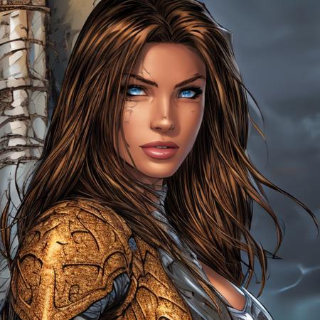 , cinematic look, insane details, hyperdetailed, Highly detailed, high detail skin, high detail eyes, a brunette woman, living armor, <lora:MTMSImagineComicsStyleV1Lora:0.8> mtms