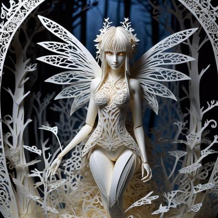 Kirigami representation of <lora:add-detail-xl:2.0>, luis royo, detailed expressive eyes, fantasy style, the mystical manic globgolem, its iridescent wings blartifying in the moonlight, sniggers among enchanted mushrooms and fireflies in a noodleplinking forest glade, 3D, paper folding, paper cutting, Japanese, intricate, symmetrical, precision, clean lines