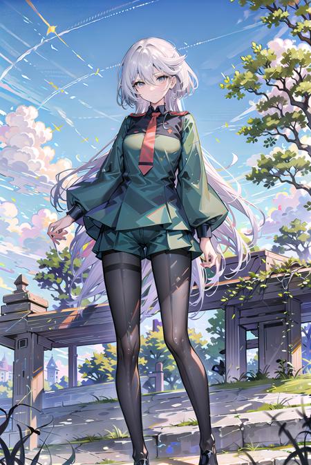 1girl, asticassia school uniform, pantyhose, long hair, solo, shorts, sky, miorine rembran, night, night sky, green shorts, star (sky), school uniform, looking at viewer, starry sky, grey eyes, necktie, black footwear, white hair, black pantyhose, full body, standing, bangs, long sleeves, outdoors, shoes, hair between eyes, red necktie, pantyhose under shorts, shirt, shooting star, closed mouth, building, cloud, <lora:MiorIneV5.0:0.8>, miorineRembran,