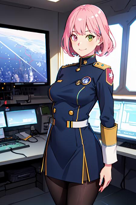 aries_spring pink hair, short hair, (hair ornament, heterochromia:1.5), green eyes, yellow eyes white bodysuit, pink gloves galaxy, spacecraft, starry sky