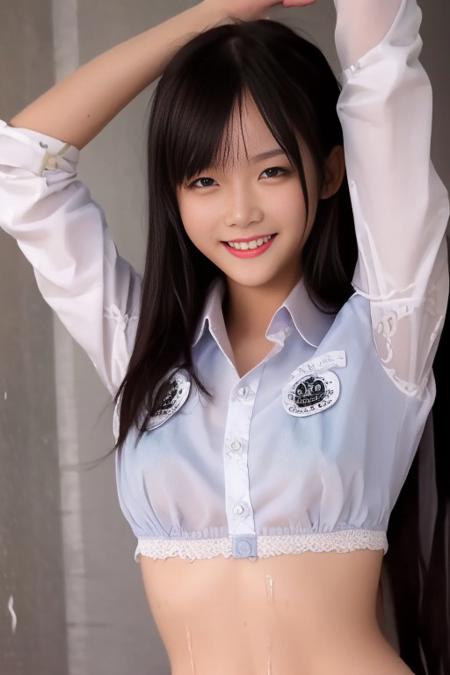 <lora:xiaohuijun:0.85>, 1girl, best quality,highly detailed,masterpiece,ultra-detailed,illustration,small breast,wet student uniform,grin,((stretch))