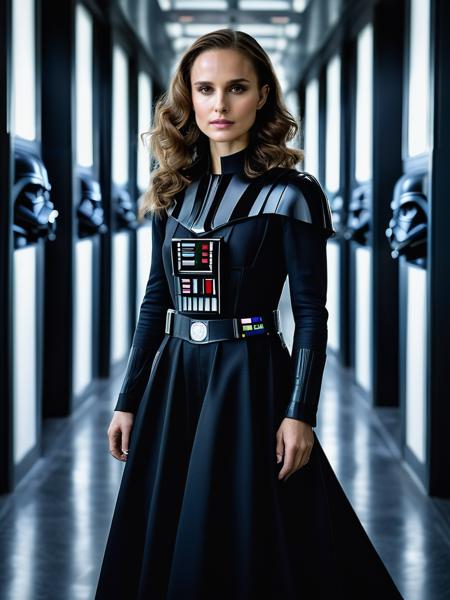professional portrait photograph of a (beautiful Natalie Portman:1.2) with long hair, wearing a dress inspired by darth vader in a hallway on a star wars spaceship