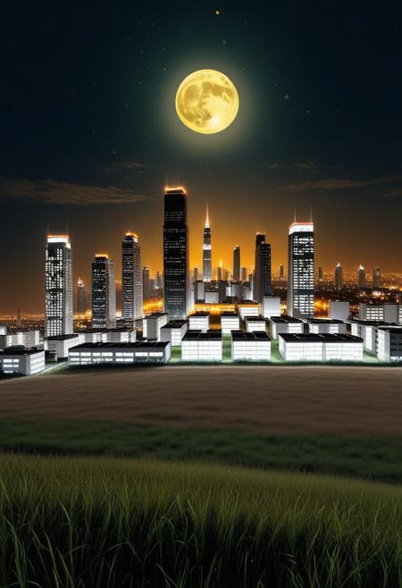 a huge hilly field covered with grass with partially clayey inclusions, green and brown boxes are visible very far away, also behind the hills narrow black skyscrapers with white windows with a yellowish tint are visible, green and brown boxes are visible far away, a dimly lit and dull black building with an orangish glow from sunset, you can see a small white bright advertisement with incomprehensible outlines, black skyscrapers with light yellow windows topped with metal structures standing right in the middle of the field reflect the light of the moon, in the distance you can see small two-story buildings with very small windows and a chimney, a little closer near the skyscrapers you can also see small two-story buildings buildings with very small windows and a chimney, not all skyscrapers are topped with metal structures, the sky on the horizon is from dark red to yellowish which sees off the departing sun, the moon is on the opposite side, the sky is soft blue topped by the moon on the opposite side of the sun, and a few stars, clouds light white very transparent barely visible,