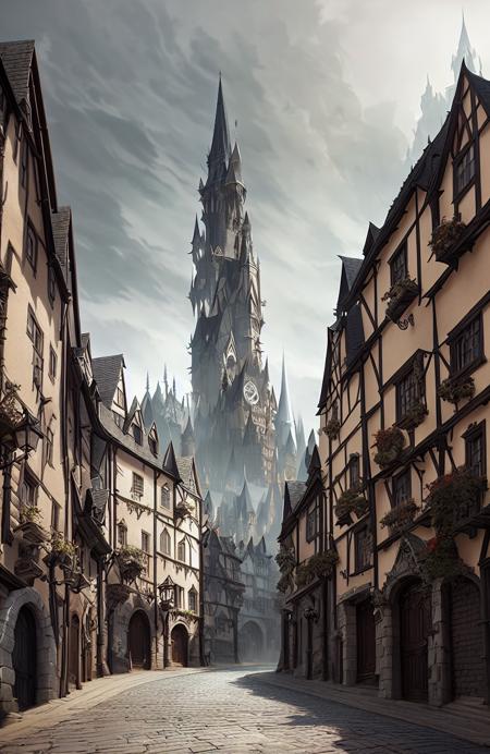 award winning landscape photo of a medieval street background, sinister, evil, (backlighting:1.3), digital painting, concept art, smooth, sharp focus, rule of thirds, dark fantasy,intricate details, art by aleksi briclot (shallow depth of field:1.1) Style by Style-Glorious