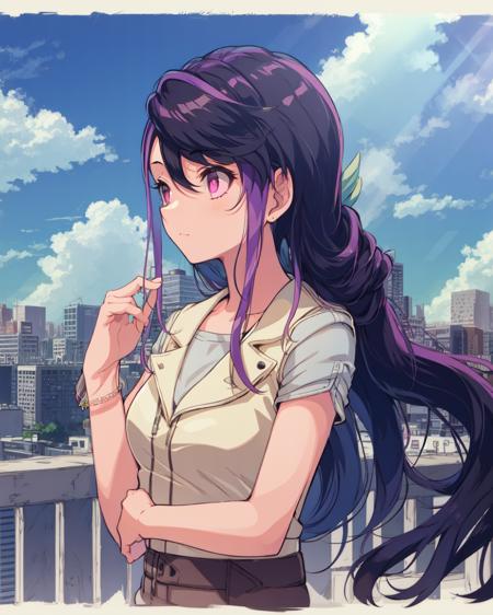 1girl, ruri, purple hair, pink eyes, bracelet, long hair, 
looking away, 
outdoors, city, urban, downtown, sun rays, cloud, 

<lora:Ruri v2 e6:0.85>