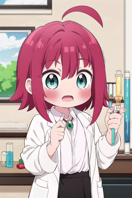 1girl, solo, looking at viewer, blush, short hair, open mouth, bangs, skirt, shirt, long sleeves, holding, jewelry, green eyes, white shirt, upper body, ahoge, red hair, teeth, collared shirt, indoors, black skirt, aqua eyes, chair, hair intakes, antenna hair, wing collar, brooch, short eyebrows, labcoat, flipped hair, test tube, flask, vial