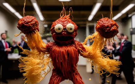 (photo)+ of the spaghetti demon inside the Spectrum corporate headquarters office angrily throwing meatballs at fleeing rich executives