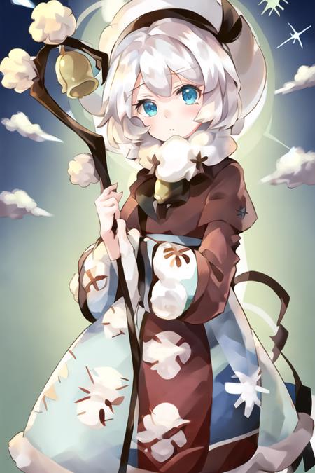 1girl, crkcotton, blue eyes, short hair, white hair,  hat, dress, long sleeves, staff, bell <lora:cotton_cookie:1>