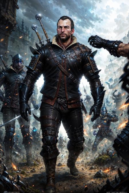 (masterpiece, top quality, best quality, official art, detailed:1.2),  <lora:lambert-20:0.7>, lambertW3_soul3142, 1boy, black hair, gloves, jacket, weapon, male focus, boots,  solo focus, holding sword, armor, facial hair, beard, realistic, battle