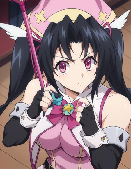 serafall leviathan, long hair, black hair, twintails, pink eyes, large breasts gloves, hat, bare shoulders, elbow gloves, fingerless gloves, cosplay, magical girl,