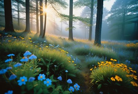 An introspective and serene outdoor scene at sunrise, where wildflowers bloom in a fog-covered field. The golden rays of the sun blend seamlessly with cool blue and gray tones, creating a peaceful atmosphere. A dense, moss-covered forest forms the mystical backdrop. Captured with a Gandolfi Traditional 8x10 large-format camera and Fujifilm Pro 400H 8x10 film, celebrated for its sharpness, fine grain, and beautiful tonal transitions. The image focuses sharply on the wildflowers, captured in an intense close-up with a dreamy, soft bokeh effect. Printed on Kodak Endura Premier Paper, a high-quality color analog paper known for its vibrant, true-to-life colors and fine detail, this print achieves museum-quality standards with exceptional depth, clarity, and color accuracy.