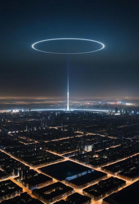 An enormous city sprawl, focus on the city skyline reaching for the stars,
Aleph Tower, centre for the AI that rules the Human civilization, in a glittering city of glass and shining metal,
   bright sunlight under a pitch black sky.
So twice five miles of urban sprawl,
With walls and towers  girdled round;
In center: a black circle in bold lines intersected by a several lines, gnostic symbols, symetrical,
Photographer Reuben Wu Style