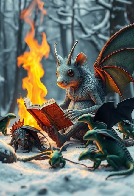 surreal VFX, big half -rat half-fly  creature with wings low on the body, silver antennae and chubby neck sitting by  a campfire and reading an only one  old book of fairy tales, sitting with a group of little green dragons with dark green wings seen under an electron scanning microscope, with details, snow, snowy, winter forest, vivid colors
