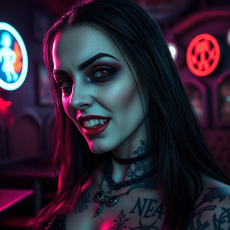 half body shot of a vampiress with european pale face and red eyes, dark hair, prominent and slightly aquiline nose with a straight bridge and a refined tip, bulgarian, with a very evil and demonic look, she must be gothic, dark, mouth slightly open and (showing her vampire fangs:1.1), she has tattoos with strange ancient symbols (maybe runic), inside a cyberpunk style pub at night, cyan light at her left, magenta light at her right, realistic, detailed, 8K
