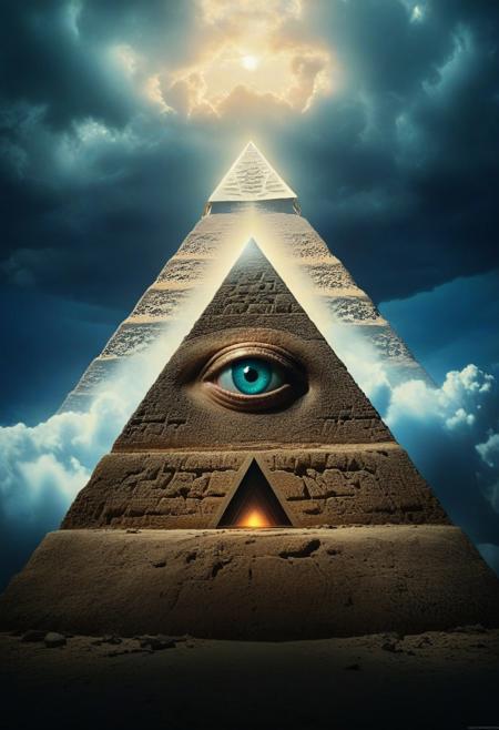 mountain, surreal, ligth and moody , colored all seeing eye pyramid made of Pencil_morph_style, film grain, high quality, dramatic ,poster, horror story style,  (clouds at the base of the pyramid), dutch angle, light inside the pyramid