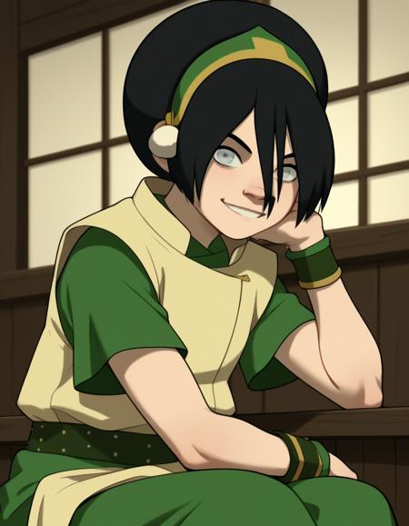 <lora:toph-beifong-book2book3-ponyxl-lora-nochekaiser:1>, toph beifong, black hair, hairband, blind, grey eyes, hair between eyes, short hair, shirt, green shirt, vest, belt, short sleeves, shirt, sleeveless, red shirt, collarbone, bare shoulders, red pants, clothes around waist, golden hairband, headphones,