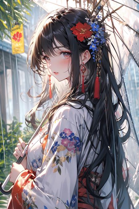 , (masterpiece:1.2), best quality,PIXIV,midjourney portrait,
1girl, umbrella, solo, flower, long hair, hair ornament, hair flower, holding umbrella, looking at viewer, rain, holding, outdoors, bangs, japanese clothes, kimono, oil-paper umbrella, black hair, parted lips, long sleeves, upper body, blush, looking back, tassel, chinese clothes, hanfu, wide sleeves, bow, floral print, earrings, white kimono, jewelry, ribbon
<lora:midjourney portrait_20230625143136:0.9>