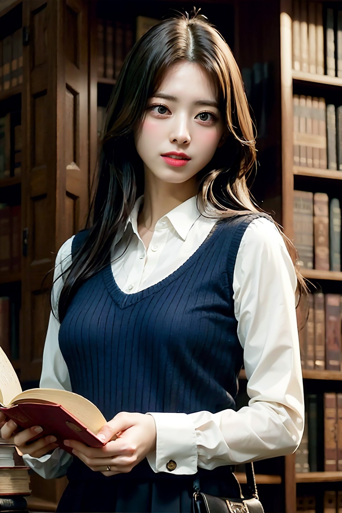 best quality, masterpiece, (photorealistic:1.4), 1girl:1.4, dusty old book shop,book shelves, book, holding opened book, b...