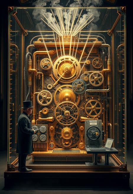 Inside of its glass case a fantastical steampunk quantum computer bends time and space. Beams of energy swirl and dance around the intricate clockwork gears and cog wheels. Steam issues from a bank of pipes along the top of the cabinet. Outside of the case a steampunk engineer, resplendent in his uniform wearing a top hat and goggles, stands at a keyboard to one side. This striking steampunk image, envisioned as a high resolution digital image, showcases the machine's ornate design and cutting-edge functionality. Every detail is meticulously rendered, creating a visually stunning masterpiece that captivates the viewer with its intricate beauty and technological brilliance.