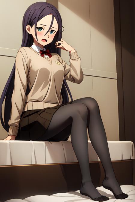 1girl, no shoes, pantyhose, solo, feet, long hair, skirt,  sitting, looking at viewer, thighband pantyhose, sweater, black pantyhose, blue skirt, indoors, toes, long sleeves, blush, jewelry, bangs, open mouth, earrings, shirt, collared shirt, white shirt, legs, brown sweater, full body, finger to mouth, on bed, smile, pleated skirt, soles, book, knees up, black pantyhose
green eyes,
 <lora:misumi8-000009:0.7>