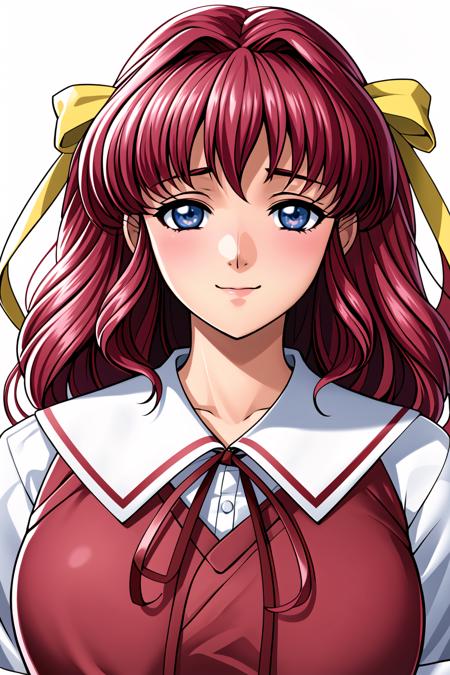 Simple White Background,
school uniform, red ribbon,long sleeves,white shirt,serafuku,Brown Vest,
<lora:Kotomi_Asakawa_Isaku-KK77-V1:0.7>,
red hair,blue eyes, Bangs,twintails, Yellow hair ribbon, 
<lora:Mariana_Luciano_NON_VIRGIN-KK77-V1:0.3>,<lora:more_details:0.1>,
1 girl, 20yo,Young female,Beautiful Finger,Beautiful long legs,Beautiful body,Beautiful Nose,Beautiful character design, perfect eyes, perfect face,expressive eyes,perfect balance,
looking at viewer,(Focus on her face),closed mouth, (innocent_big_eyes:1.0),Light_Smile,
official art,extremely detailed CG unity 8k wallpaper, perfect lighting,Colorful, Bright_Front_face_Lighting,shiny skin, 
(masterpiece:1.0),(best_quality:1.0), ultra high res,4K,ultra-detailed,
photography, 8K, HDR, highres, absurdres:1.2, Kodak portra 400, film grain, blurry background, bokeh:1.2, lens flare, (vibrant_color:1.2),professional photograph, 
(Beautiful,large_Breasts:1.4), (beautiful_face:1.5),(narrow_waist),