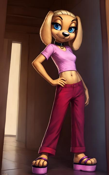 8k.4k,((Best quality, masterpiece, ultra high resolution)),((full body)),standing, by pixelsketcher, <lora:Brandi Harrington:0.9>,brandi harrington, furry, furry female, shirt, tail, pants, dog girl, animal ears, blue eyes, dog tail, dog ears, standing, purple sandals,flat chest,red pants,blonde hair, midriff,platform footwear,animal nose,pink shirt,collar,navel