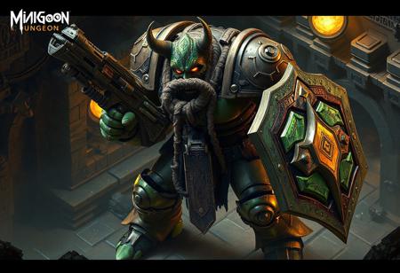 Mimighoul Dungeon's Techno-horror Goliath, dynamic pose, gun & shield, brown & green armor, Mimighoul Dungeon backdrop, isometric view, action, grammer effect splash ink, octane render, Unreal Engine 5, Raphael & Houdini style, vivid emotions, detailed eyes, CGSociety, Artstation trending, golden ratio, 4k, lifelike, matte painting.