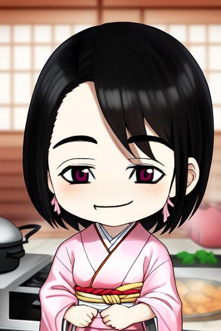 close up,CHIBI girl, kamado nezuko, solo,pink eyes,black hair, pink kimono,  kamado nezuko, <lora:kamado nezuko offset:1.0>  <lyco:rbax:1>