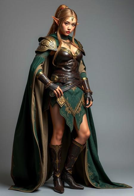 full shot, standing pose, female elf warrior, fashion costume, side opened skirt, extremely long cape, short skirt, sexy leather armour, oriental fabrics, green  and brown, golden ornaments, golden jewelry, golden embroidery,  neutral grey background