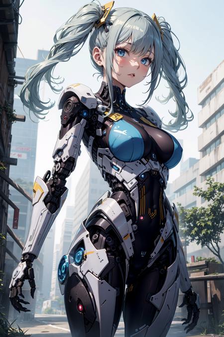 masterpiece,best quality,ultra-detailed, , 1girl,solo,long hair, Gradient hair,(yellow|grey|blue)hair,,,, mecha musume, mechanical parts,robot joints, ,standing,cowboy shot, ,sakamata,twin tails
<lora:mecha_v1:0.6>