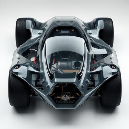 the car is made of carbon tubes, has hexagonal body elements, covered with transparent matte plastic, the insides and engine of the car are visible through the plastic, many pipes and wires are also visible along with the body tubes