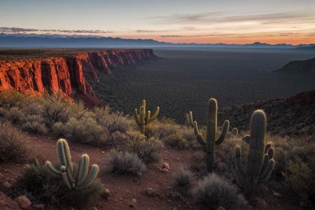 raw photo, a sunset landscape, Arizona desert, Saguaro Cactus, Tall Mesa,  cozy, photorealistic, high detailed texture, 8k uhd, dslr, soft lighting, high quality, film grain, Fujifilm XT3, Sony A7 IV, highly detailed photography, (muted colors, cinematic, dim colors, soothing tones:1.2), vibrant, insanely detailed, hyperdetailed, (dark shot:1.2), (vsco:0.3), (intricate details:0.9), (hdr, hyperdetailed:1.2) (highest coherency: 1.39) (highest quality: 1.39) (rule of Thirds) (award winning) (breathtaking) (masterclass) (vibrant color: 0.79) (distant hillside) (tall cliffs in distance; 1.19)