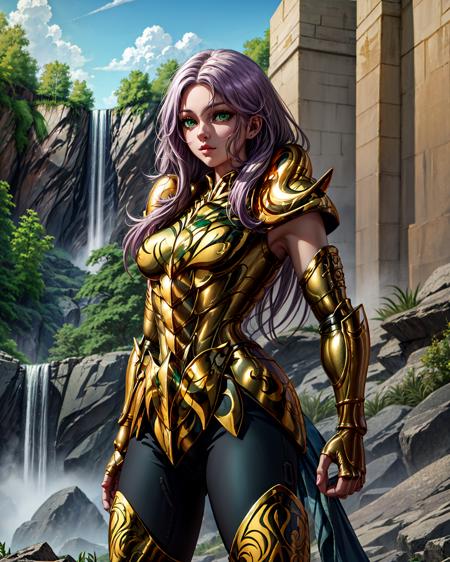 masterpiece, best quality, highres, solo, 1girl, green eyes, detailed background,waterfall,armor, <lora:more_details:0.7>,outdoor ,(medium breasts:1.5) ,<lora:aries:0.8>,golden armor,purple hair