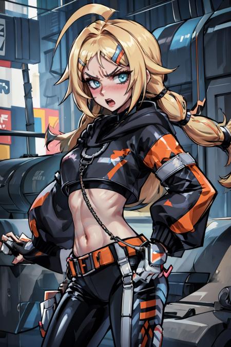 portrait, standing, fighting stance, sofa, looking at viewer, acnicky, (v-shaped eyebrows:1.2), blush, scowl, open mouth, angry, cropped hoodie, sneakers, gloves, black pants, hairclip, midriff, navel, (alleyway:1.2),  <lora:Game-EternalReturn-AlleyCatNicky:1>