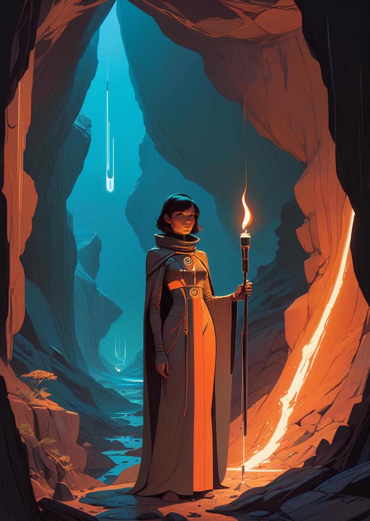 A woman in a long gown holding a torch and standing in a cave.