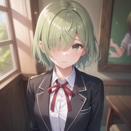 (masterpiece, best quality:1.2),illustration,8k,hd,1girl,solo,upper body,(portrait:1.2),thighhighs,skirt,school uniform,green hair,black thighhighs,shirt,hair over eyes,pleated skirt,white shirt,ribbon,jacket,grey skirt,neck ribbon,<lora:Futaba Aoi(School Uniform)-V1:0.6>,