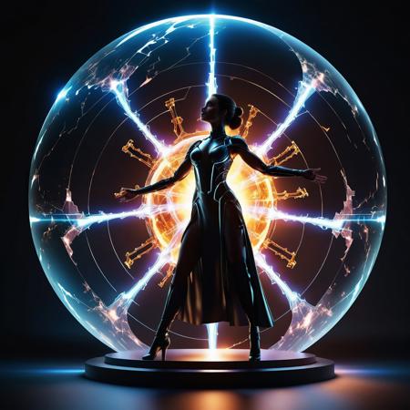 A high-resolution photo of a silhouette of a beautiful woman standing in a glowing sphere of energy, with bolts of energy shooting out of the sphere. She is holding out a hand reaching to great the viewer. The setting is very high-tech and futuristic.
BREAK
 Dark theme, dynamic lighting, (soft shadows), (soft focus), (photo realistic), uhd, 8k