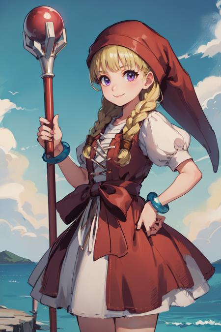 (masterpiece, best quality:1.2), <lora:dq11_veronica-10:1>, cowboy shot, solo, 1girl, veronica \(dq11\), smile, closed mouth, looking at viewer, (holding staff:1.2), red hat, purple eyes, red dress, puffy short sleeves, jewelry, bracelet