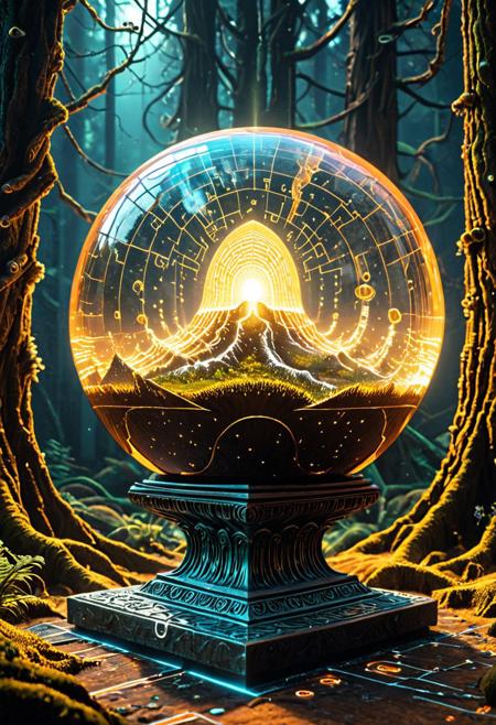 cyberw0rlds,, (masterpiece, best quality, highres:1.2), (photorealistic:1.2), (intricate and beautiful:1.2), (detailed light:1.2), (colorful, dynamic angle),
A hyper-realistic close-up of a crystal ball, resting on a weathered colorful pedestal, pedestal made out of c0dean0igital,, pedestal is carved with intricate runes shaped out of c0dean0igital,, runes glowing faintly in amber, detailed,
BREAK inside the crystal ball, a tree made of c0dean0igital,, electricity appears to shock the heart from the edges of the crystal ball, with subtle flickers of light illuminating the swirling smoke patterns, 
BREAK Background, Dramatic lighting, rolling fog, intense highlights, deep shadowy contrasts, creating a powerful, moody atmosphere, Hyperdetailed c0dean0igital,, glowing ember effects, intricate reflections, in a spooky forest, depth of field,
organic armor shaped like insect shells and glowing mycelium, helmet visor displaying bio-digital readouts in c0dean0igital,, glowing spores drift around her, tracking luminous footprints across an alien terrain of fungal towers and crystal pools, masterpiece, high score, great score, absurdres, 
Style: Whimsical,codeandigital,,
Color Palette: Warm, inviting colors; golden browns, 
Lighting: Soft and warm lighting to enhance the coziness
Aesthetic: Fun, charming, and delicious