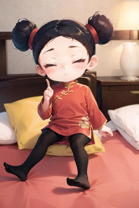 chibi, pucca, double bun, red dress, chinese clothes, black pantyhose,closed eyes, frown, bedroom <lora:pucca-000003:1>