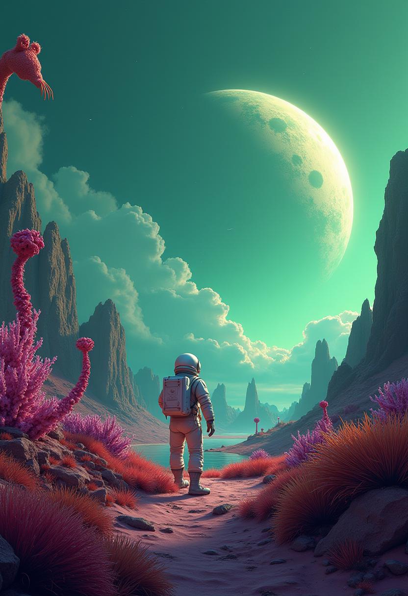 On an alien planet, strange, bright plants and bizarre creatures thrive. The sky glows in green and purple hues, with gas clouds rising from the ground. An astronaut exploring the planet is being curiously observed by aliens