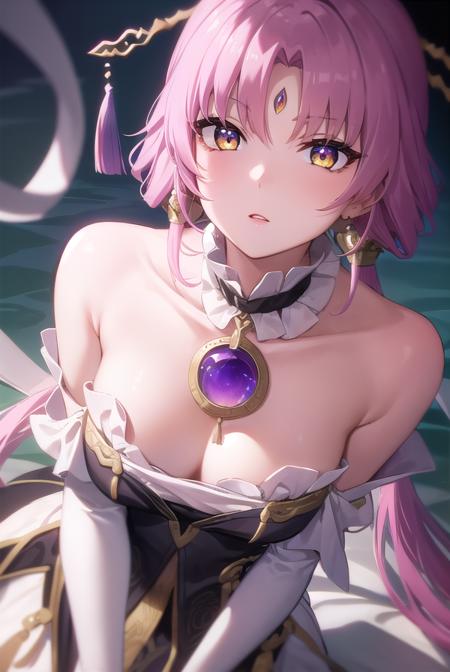 fu xuan, (yellow eyes:1.5), forehead jewel, hair ornament, hair stick, long hair, low twintails, parted bangs, pink hair, twintails, bare shoulders, black dress, bridal gauntlets, detached collar, detached sleeves, dress, jewelry, neck ring, pantyhose, skirt, white pantyhose, white skirt,