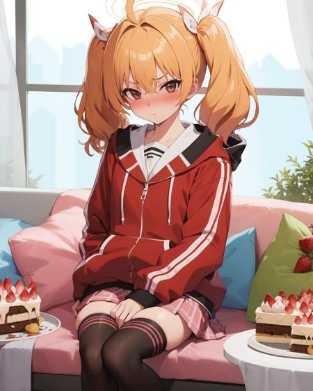 yoshimi (blue archive) orange hair,halo,red jacket,pink skirt,blonde hair,twintails,brown eyes