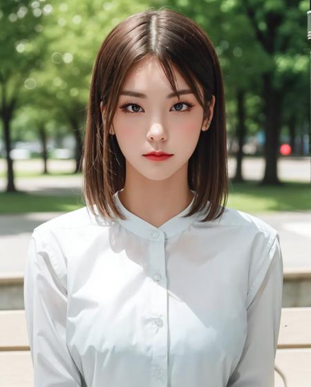 best quality, photorealistic, 8k, high res, full color, 1girl, woman, 20 years old woman, (closed mouth:1.73), (skindentation), (portrait:0.6), trees, park bench, daylight, ((park background:1.52)), full color, ((whiteshirt:1.58)), looking at viewer:1.8, (1girl eyes looking at viewer:1.55), (medium hair, brownhair, partedbangs:1.45), (bokeh), <lora:AAW-yeji:0.69>