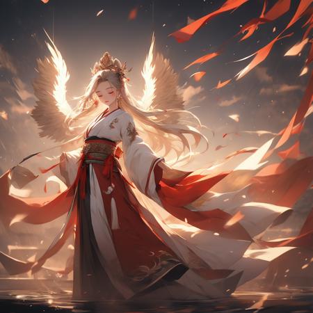 masterpiece, best quality,
illustration, long hair, closed eyes, long sleeves, white hair, wide sleeves, 1girl, jewelry, hair ornament, sash, solo, wings, japanese clothes, earrings, feathered wings, closed mouth, very long hair, standing, eyelashes, tassel, makeup