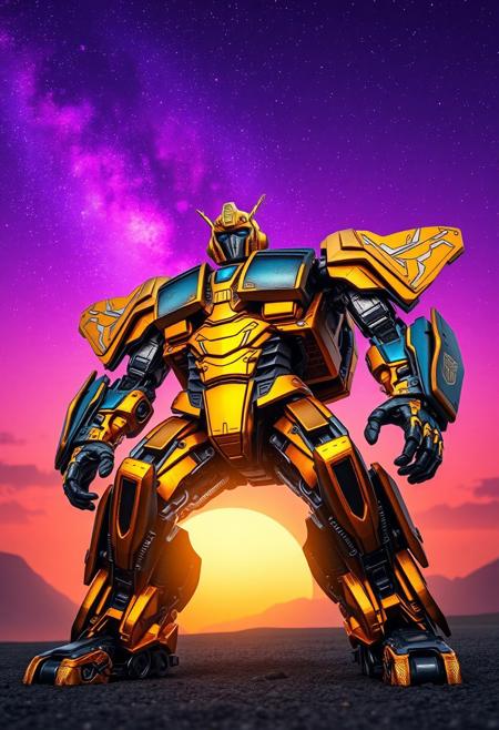 gold and blue Bumblebee transformer standing, view from below, photograph with a purple sky, cosmic stars, an orange and blue synthwave sun background. Slightly turned. Damascus steel. Ultra-detailed. Hyper-realistic.